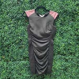 BCBG ruched-sided dress with magenta leather shoulder detail